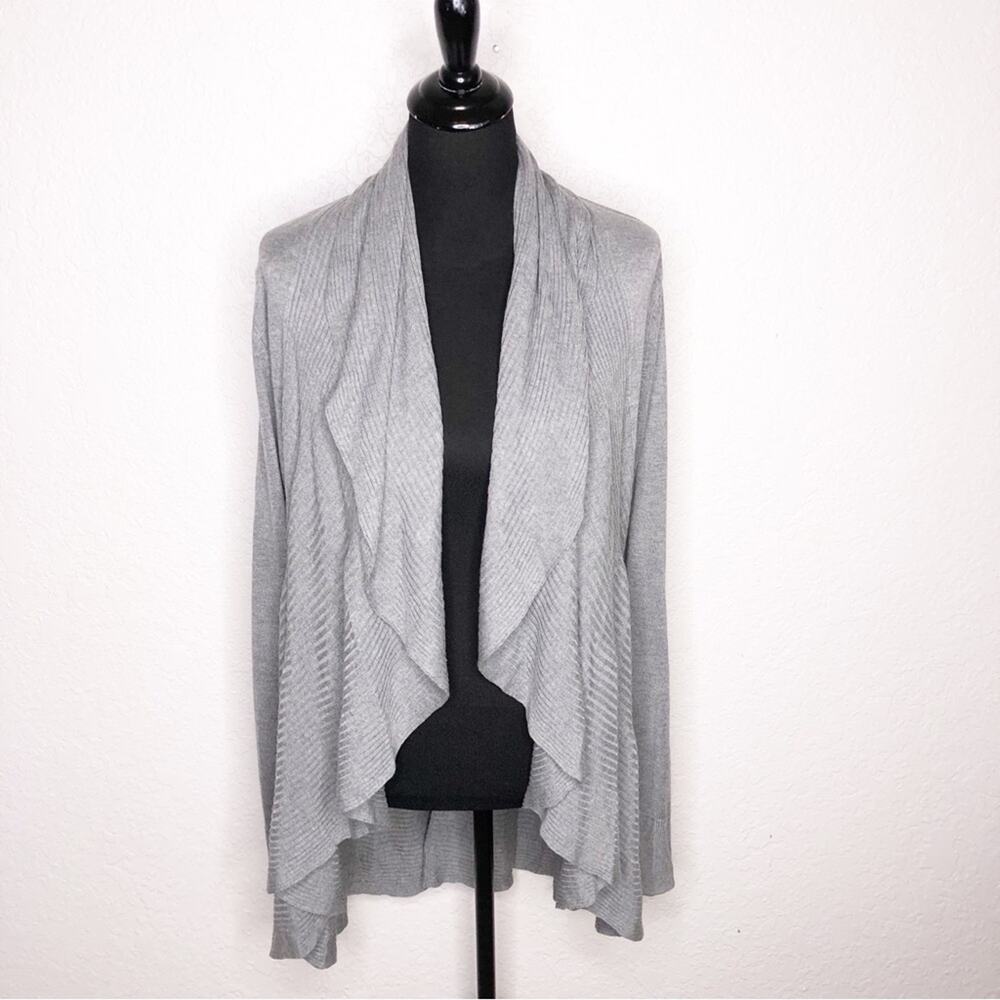 WHBM gray open draped front mixed knit‎ silk blend cardigan size Large